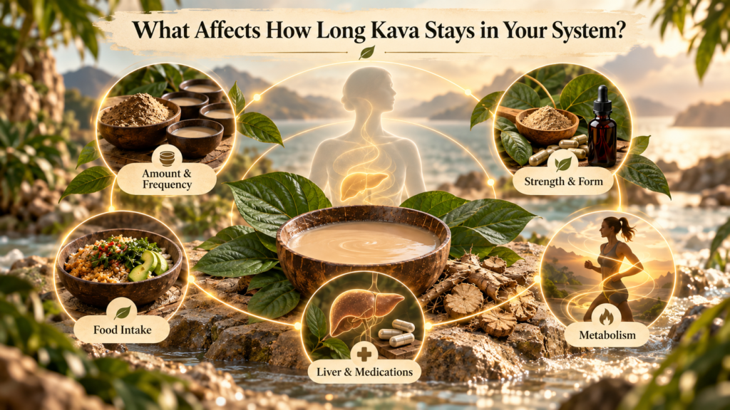 Factors affecting how long Kava stays in your system infographic with amount, strength, metabolism, food intake, and liver health.
