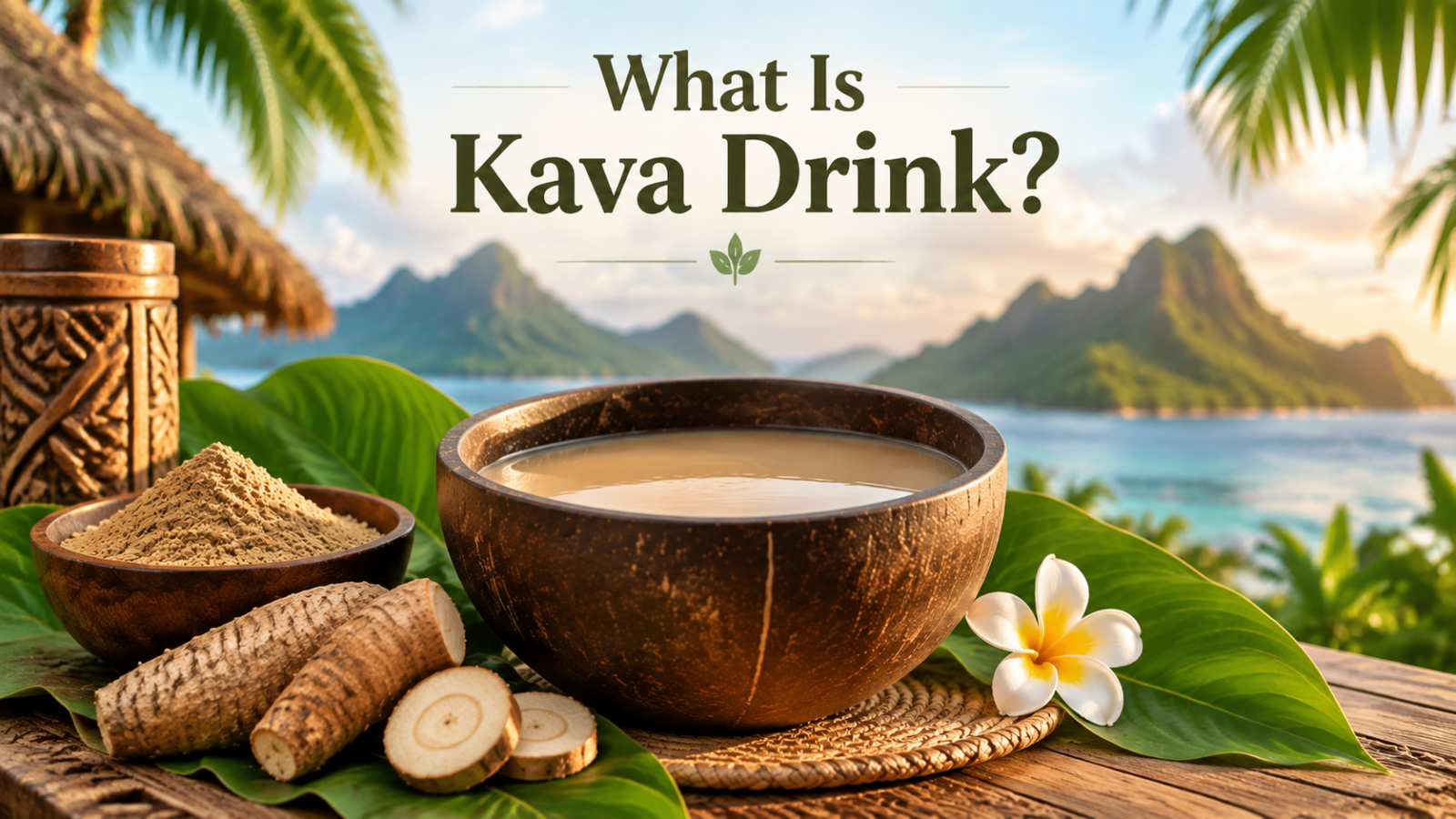 Traditional Kava drink with Kava root and powder against a tropical Pacific Island background