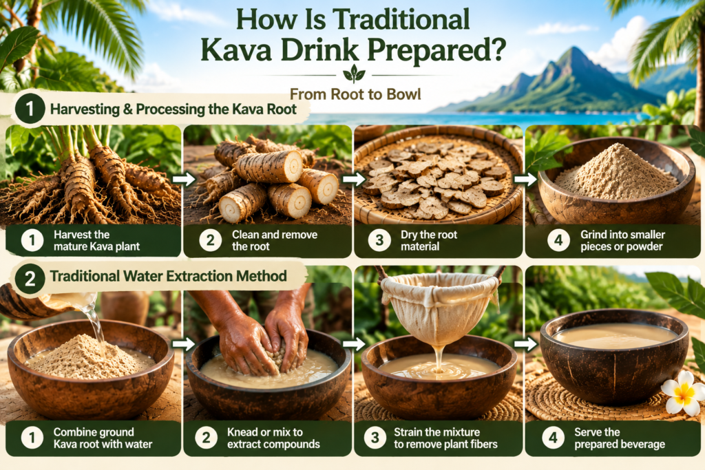 Traditional Kava drink preparation process from root harvesting to the finished beverage