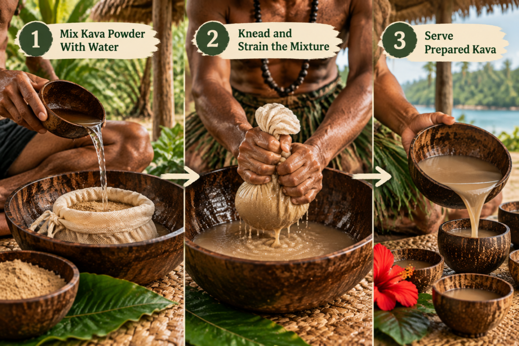 Traditional kava preparation process showing a person mixing kava root powder with water, kneading the mixture through a strainer bag, and serving the prepared kava in traditional coconut-shell cups.