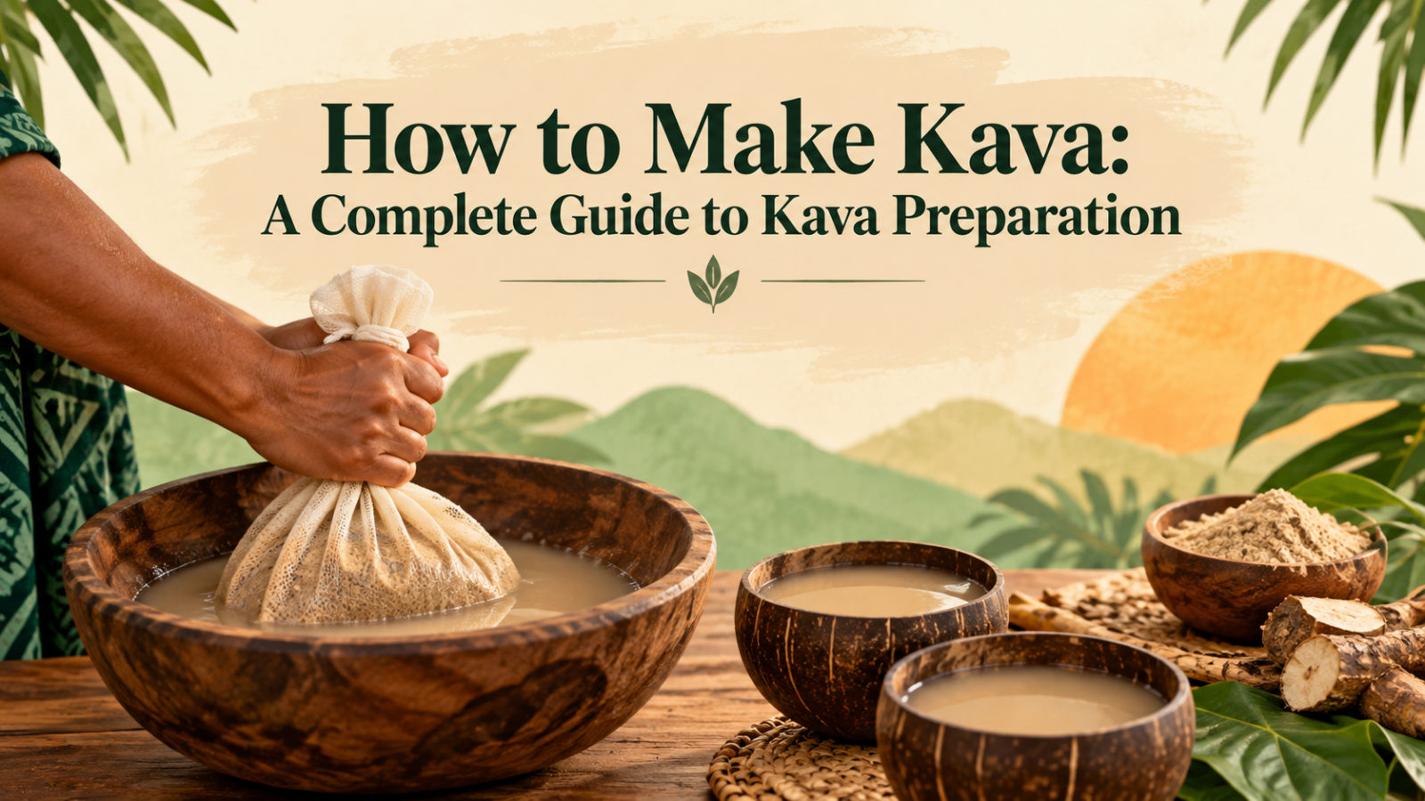 Featured image showing traditional kava preparation, with a person kneading kava root powder in a strainer bag over a wooden bowl alongside prepared kava, kava powder, and coconut-shell serving cups.