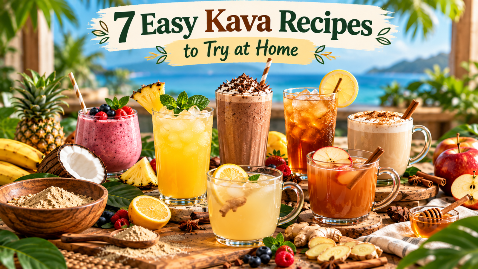 Featured image showing seven colorful homemade Kava drinks with fresh fruit, spices, honey, ice, and Kava powder, titled “7 Easy Kava Recipes to Try at Home.”