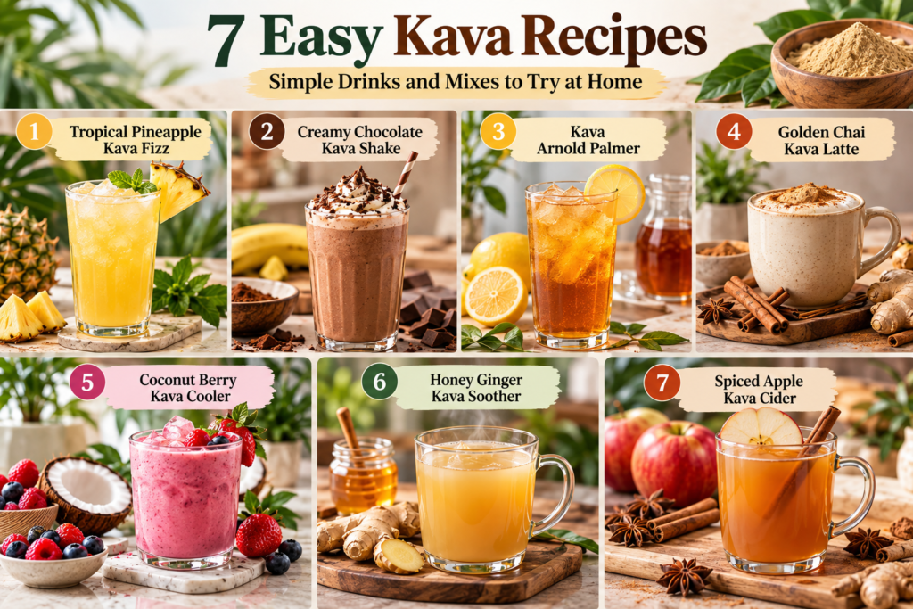 7 easy Kava recipes featuring pineapple fizz, chocolate shake, Arnold Palmer, chai latte, berry cooler, ginger drink, and spiced apple cider.