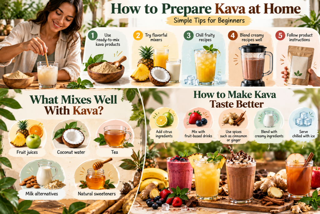 Infographic showing how to prepare Kava at home, including simple preparation tips, popular Kava mixers, and ways to improve Kava’s flavor with fruit, spices, creamy ingredients, and ice.