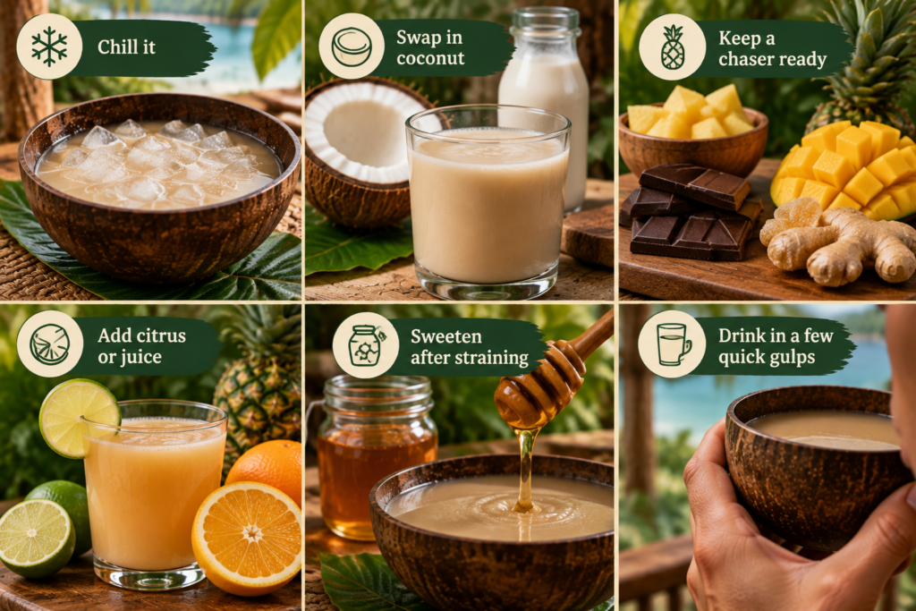 Infographic showing ways to improve kava drink flavor, including chilling kava, adding coconut, using fruit or chocolate chasers, mixing with citrus, sweetening after straining, and drinking in quick gulps.