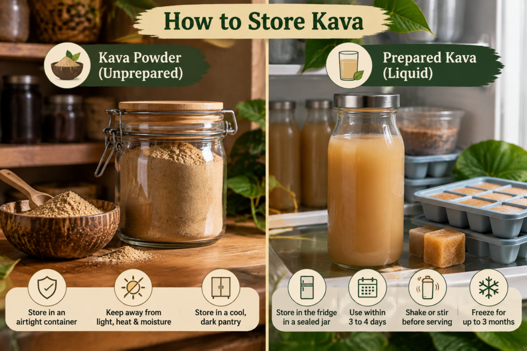 Infographic showing how to store kava, with kava powder kept in an airtight container in a cool, dark place and prepared kava liquid stored in a sealed bottle in the refrigerator with reminders to shake before serving and freeze for longer storage.