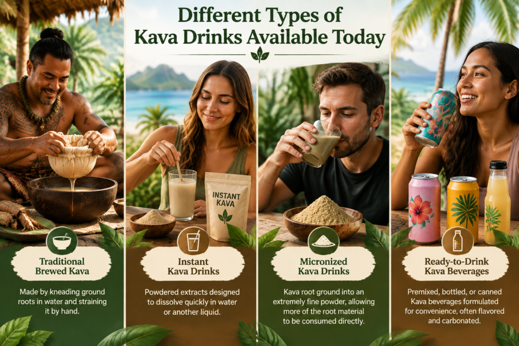 Different types of Kava drinks infographic featuring traditional, instant, micronized, and ready-to-drink formats