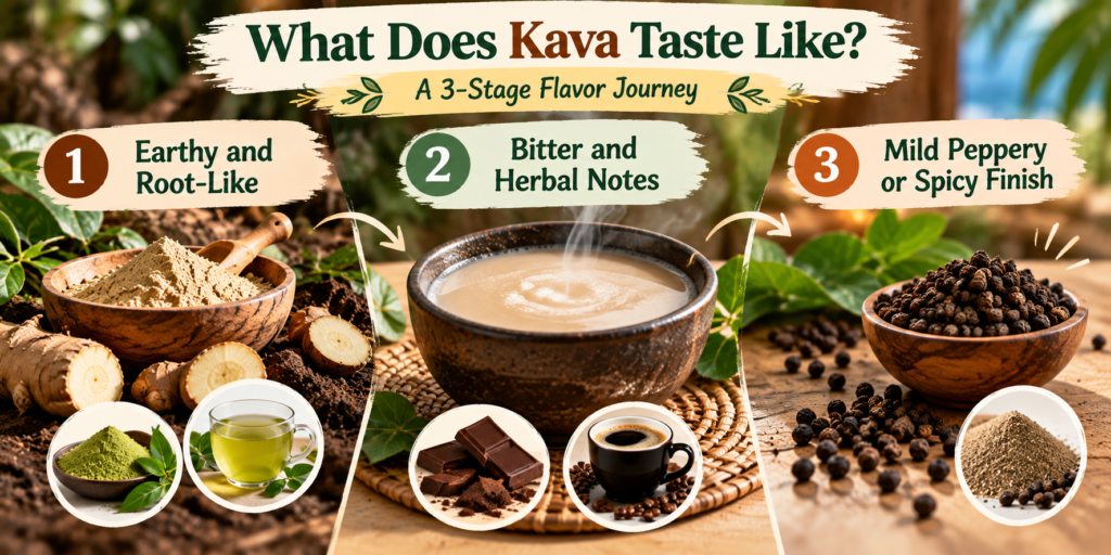 Infographic explaining the three-stage Kava flavor journey: earthy and root-like, bitter and herbal, and mildly peppery or spicy, with Kava root, green tea, chocolate, coffee, and peppercorns shown as flavor comparisons.