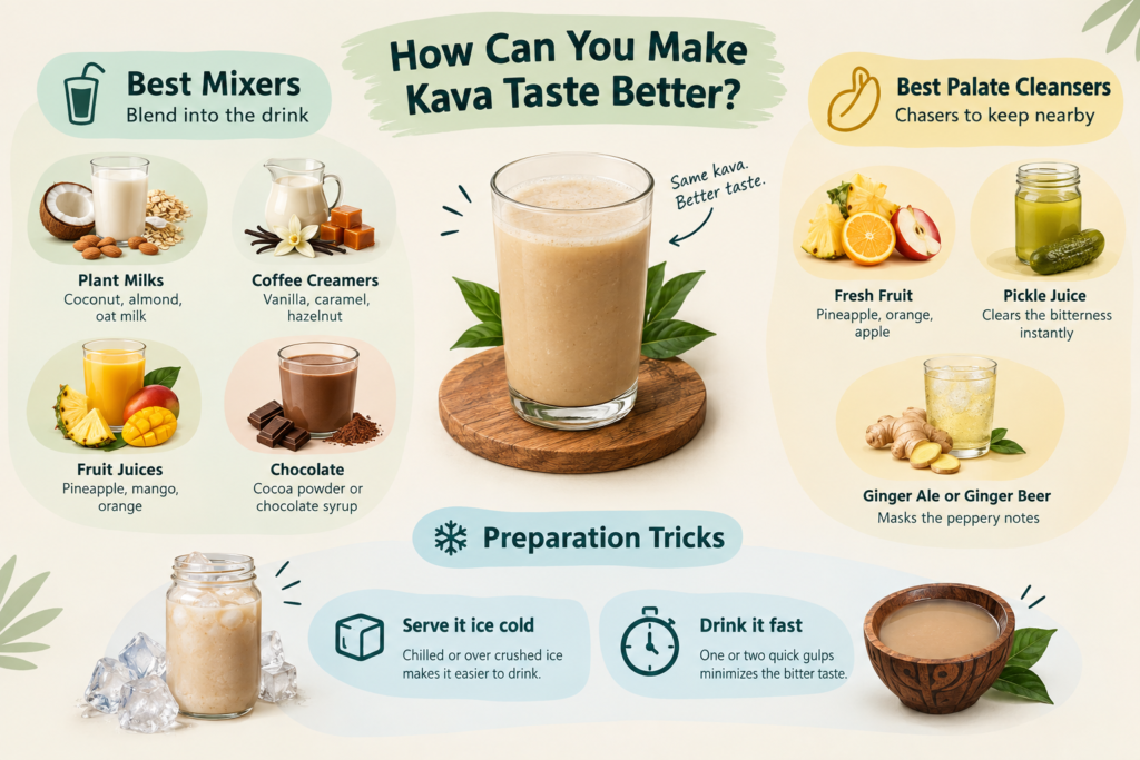 Infographic showing ways to make Kava taste better, including plant milks, coffee creamers, fruit juices, chocolate, fresh fruit, pickle juice, ginger drinks, serving it ice cold, and drinking it quickly.